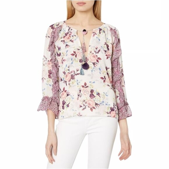 Misa Los Angeles Women’s Top Sia Pink Floral Roses Medium Size Chiffon Blouse - Picture 1 of 13